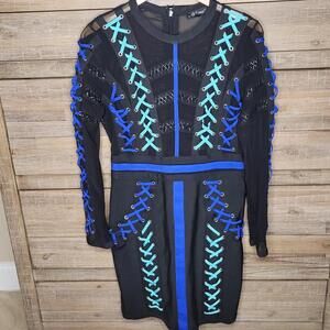 Athina Black Mesh Lace-up Long Sleeve Fitted Midi Dress Large Y2K Cosplay Sexy 